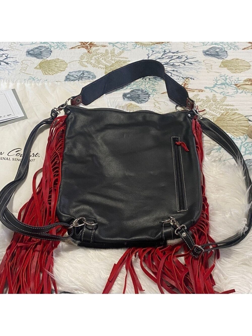 Holy Cow Couture Red and Black Fringe Shoulder/backpack Bag - Picture 9 of 11